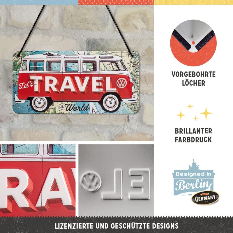 Nostalgic Art Nostalgic-Art Retro hanging sign, 3.9" x 7.9", VW Bulli â€“ Let's Travel The World â€“ VW Bus Gift idea, Official License Product (OLP), made of metal, vintage design - Image 2